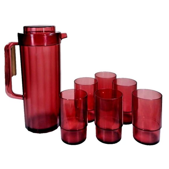 Tupperware Other - TUPPERWARE PRELUDIO PITCHER AND  SET OF 6 CRANBERRY 14 Oz Acrylic Tumblers
